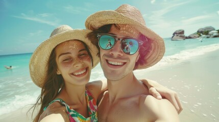 A couple captures their joyous summer vacation by snapping a selfie in their stylish swimwear and sun hats, with the beautiful ocean and sky as their backdrop