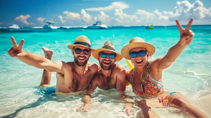 A vibrant group of friends enjoying a sun-soaked summer day at the beach, clad in colorful swimwear and accessories, with goggles and hats in hand as they splash and play in the sparkling water under