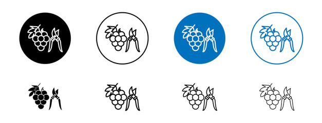 Pruning Grape Line Icon Set. Wine Plant Shears Symbol in Black and Blue Color.