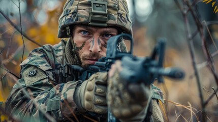 Fototapeta premium A stoic soldier blends into his surroundings, armed with a lethal weapon and ready to defend his military organization with precision and skill