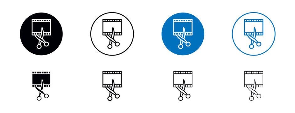 Film Editing Line Icon Set. Video Movie Montage Symbol in Black and Blue Color.