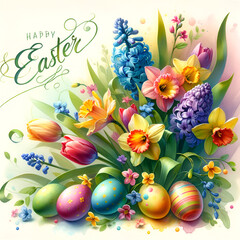 Happy Easter. Congratulatory easter background. Easter eggs and flowers.