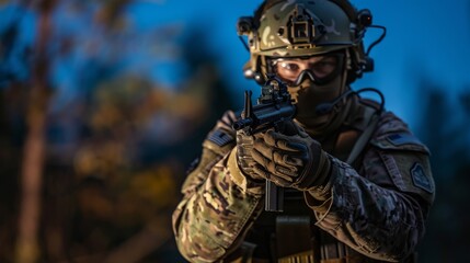 A soldier blends into the wilderness, armed and ready with his helmet, ballistic vest, and machine gun, his determined face a stark contrast to the peaceful outdoor setting