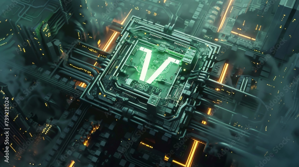 Poster a futuristic metropolis pulsing with the electric energy of a digitally composed circuit board, wher