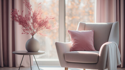 Chic pink armchair with decorative cushion and round side table with vase by a large window