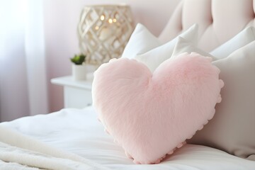 Pink heartshaped pillow on white bed in a romantic cozy bedroom. Concept Romantic Bedroom Decor, Cozy Interior Design, Heart-Shaped Pillow, Pink and White Aesthetics