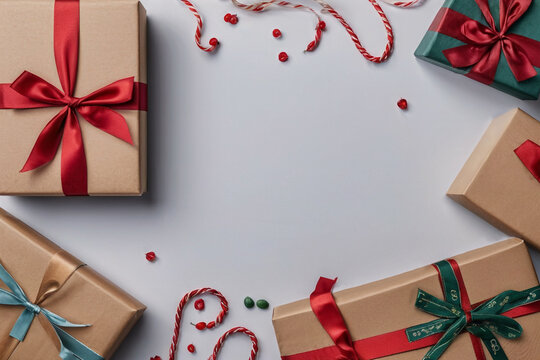 Christmas background gift box and ribbon on white background.