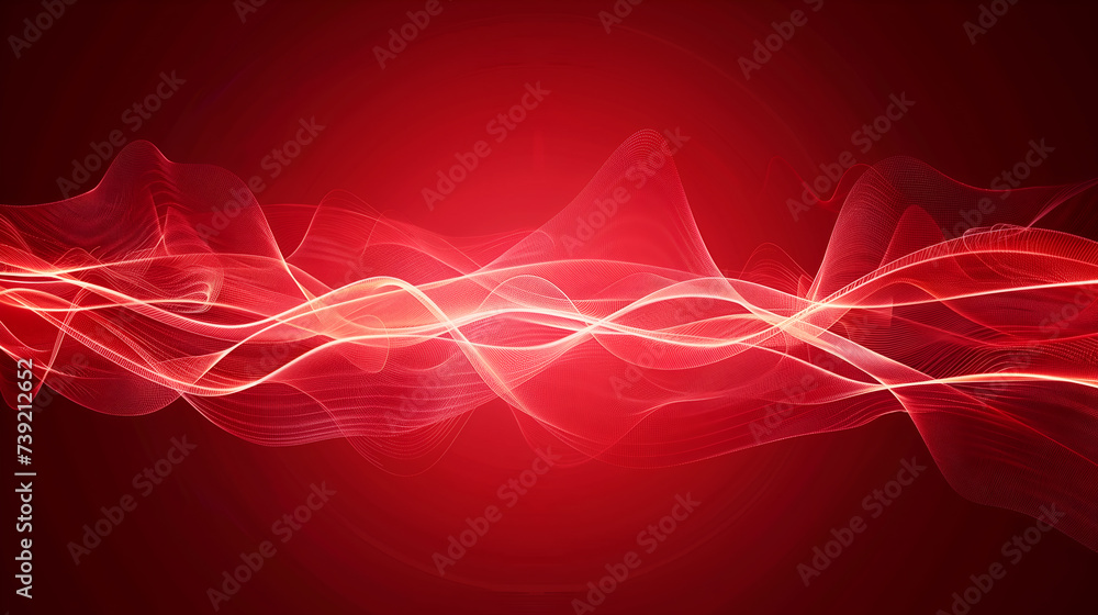 Wall mural red abstract background with wave lines. digital neon red sound waves on dark red background