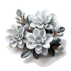 There is a watercolor painting of gray echeveria flower isolated on a white background. 
