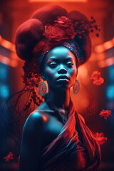 Captivating portrait of an African woman, her traditional headdress adorned with roses, in a surreal blend of red and blue light