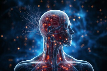 silhouette of a human body with the blood circulatory system and neural connections around head and brain, vegetative system, dark blue background, biotechnology concept