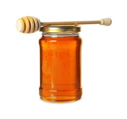 Tasty natural honey in glass jar and dipper isolated on white