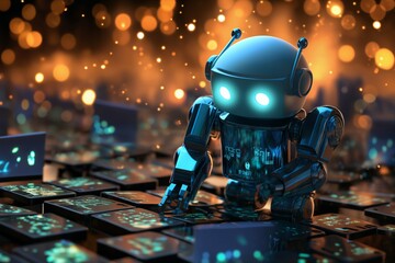 digital computer robot android in a space of holographic elements and lights, abstract background, cyber future, digital art concept - obrazy, fototapety, plakaty