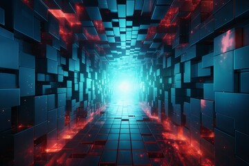 dark tunnel as background with many red and blue block shapes and cubes, abstract space, hi tech in the style of 3D rendering, digital art