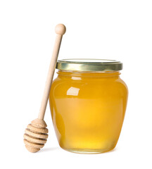 Tasty natural honey in glass jar and dipper isolated on white