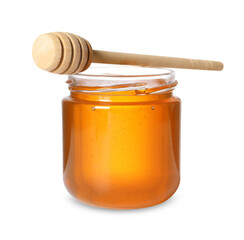 Tasty natural honey in glass jar and dipper isolated on white