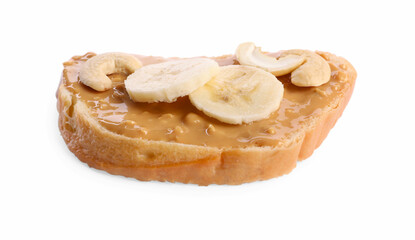 Toast with tasty nut butter, banana slices and cashews isolated on white