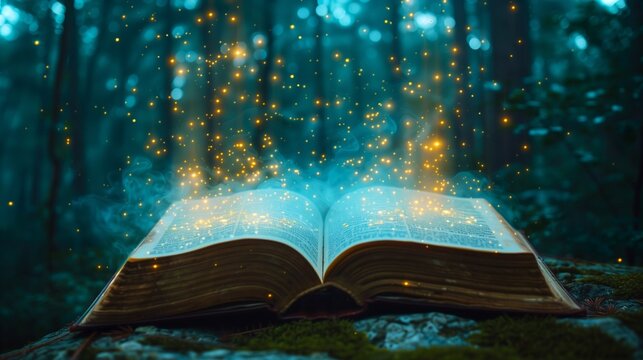 An open magic book that radiates magical light