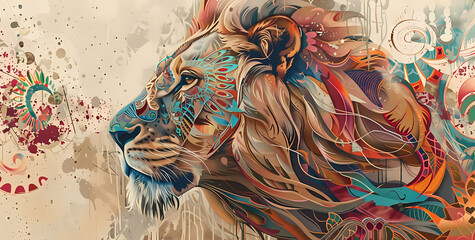 abstract artwork: portrait of beautiful majestic african lion with coloful, flowery mane, vibrant tribal art savannah king wallpaper beauty
