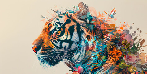 abstract artwork: portrait of beautiful majestic tiger with coloful, flowery fur, vibrant tribal motives art savannah wallpaper beauty