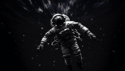 Fototapeta premium un primer plano en blanco y negro puro, un astronauta flotando, solo en el espacio, estrellas en el fondo
