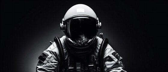 Imagen editorial en blanco y negro, traje de astronauta moderno, diseño limpio - obrazy, fototapety, plakaty