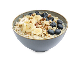 Tasty oatmeal with banana, blueberries, milk and walnuts in bowl isolated on white