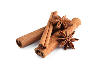 Cinnamon sticks and anise stars isolated on white