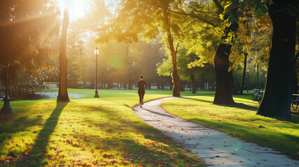 Person running on a sunlit park path, autumn - obrazy, fototapety, plakaty
