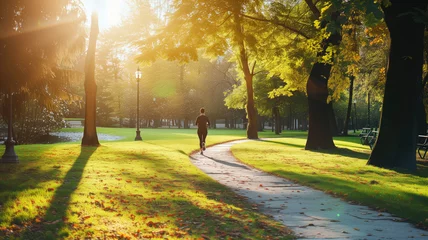 Fototapeten Person running on a sunlit park path, autumn © Татьяна Макарова