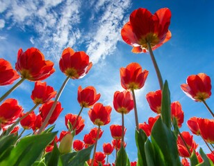 colorful pastel tulips on the blue sky on the sunny spring day. fresh flowers concept