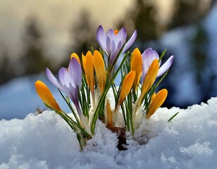 spring crocus flowers in the snow symbol of spring around the corner
