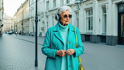 Obraz premium An older woman in casual stylish clothes listens to music on headphones. Active aging, walk around the city