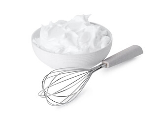 Bowl with whipped cream and whisk isolated on white