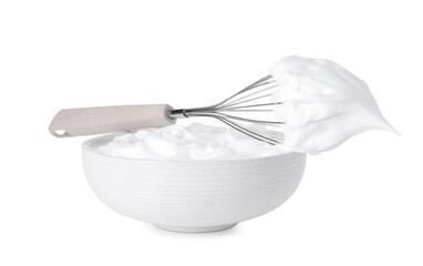 Bowl and whisk with whipped cream isolated on white