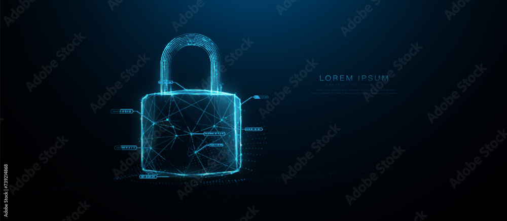 Fototapete Digital cyber security concept. Lock symbol from lines and triangles, point connecting network on blue background. Illustration vector