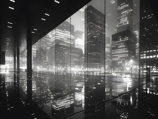 dramatic skyscraper city at night, black white photography, light reflection shine, high contrast, bank foyer