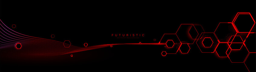 Abstract red hexagon background with glowing wavy lines with technology connection concept. Modern minimal trendy shiny lines pattern. Vector illustration