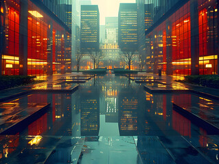 skyscraper city modern skyline evening photography, water reflections, dramatic lighting glow, architecture night photograph