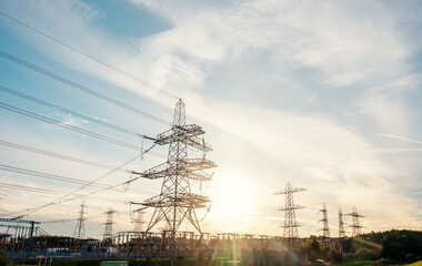 High voltage electric tower line pylon for distribution of electricity from powerstations to...