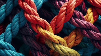 Many colorful ropes intertwined with each other