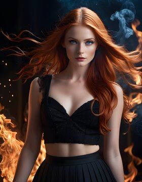 A fashion model with long red hair is standing in front of a fire, showcasing her toned muscles and slender waist. Her fiery hair cascades down her back as she strikes a powerful pose