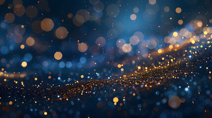 celebration, golden particles on abstract deep blue background