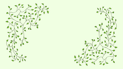 Spring green, light, cute background, frame of floral tree branch, leaf, plants. Elegant, aesthetic, stylish elements for Decoration. Hand drawing doodles of vintage botanical elements. Space for text