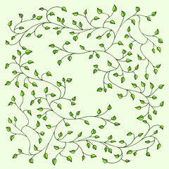 Obraz premium Spring green, light, cute background, frame of floral tree branch, leaf, plants. Elegant, aesthetic, stylish elements for Decoration. Hand drawing doodles of vintage botanical elements. Space for text