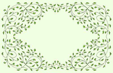 Spring green, light, cute background, frame of floral tree branch, leaf, plants. Elegant, aesthetic, stylish elements for Decoration. Hand drawing doodles of vintage botanical elements. Space for text