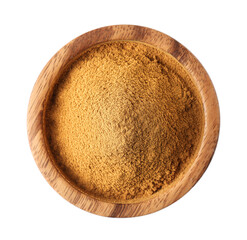 Dry aromatic cinnamon powder in wooden bowl isolated on white, top view