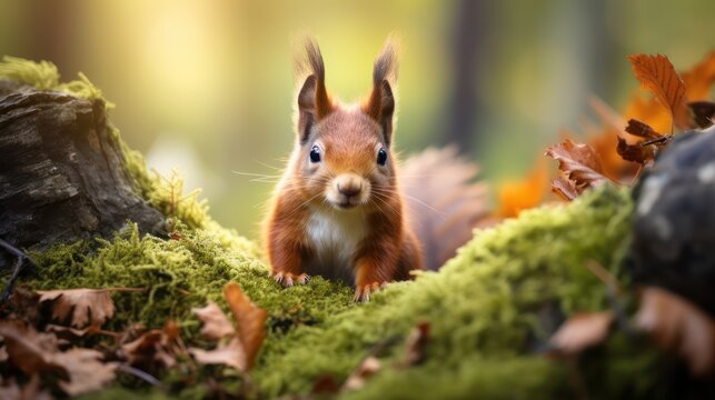 Wild squirrel in a forest of natural trees, standing on mossy tree roots.
