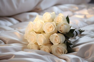 Beautiful white rose bouquet on a bed symbolizing joy and weddings. Concept Wedding Bouquet, White Roses, Joyful Symbolism, Bed Decor, Floral Arrangement