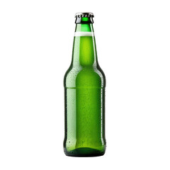 Green bottle of beer capped without label with drops isolated on a cutout PNG transparent background